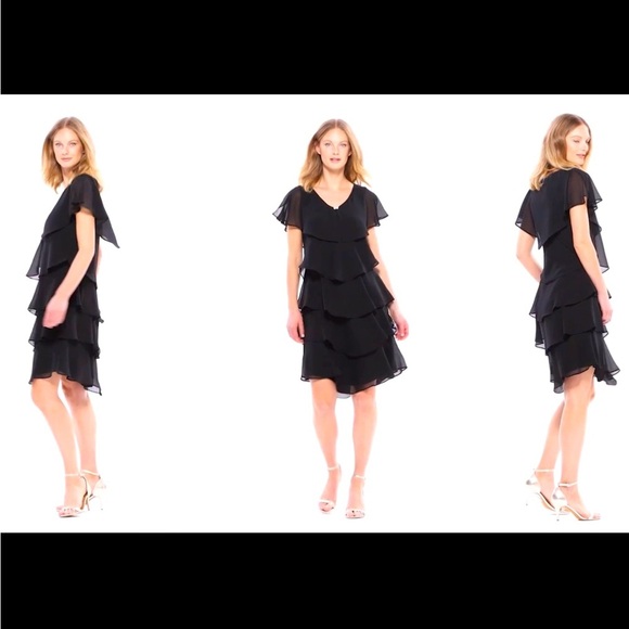 Women’s Formal Dress SLNY Black Tier Short Sheer Caped overlay Flow Gown - Picture 6 of 6